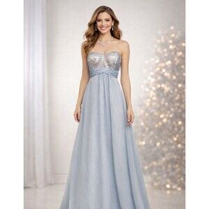 Christina Wu Formal Dress Sz 12 Silver Sequin Bodice Blue Chiffon Party Prom